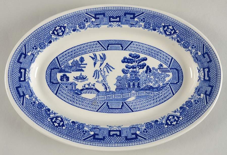 Blue Willow (Restaurant Ware) 12" Oval Serving Platter by Buffalo Pottery-1