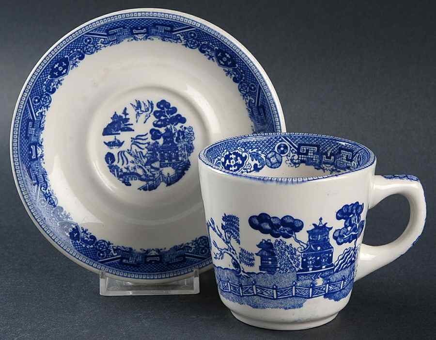 Blue Willow (Restaurant Ware) Flat Cup & Saucer Set by Buffalo Pottery-1