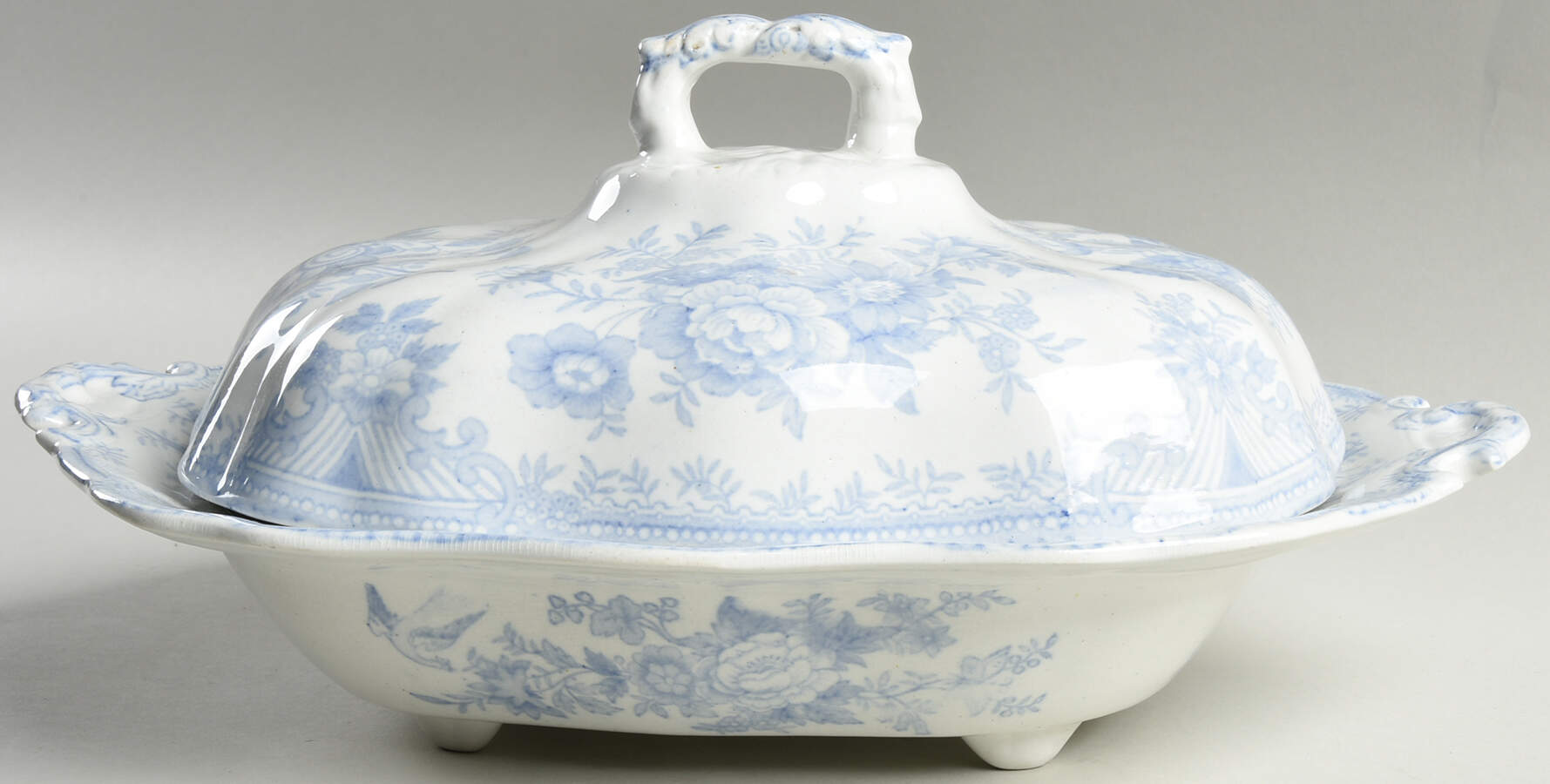 Asiatic Pheasants Blue Oval Covered Vegetable by Burgess & Leigh-1