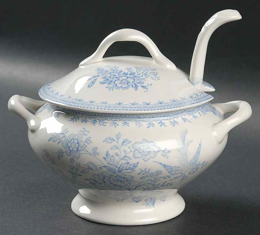 Asiatic Pheasants Blue Sauce Boat & Lid with Ladle by Burgess & Leigh-1