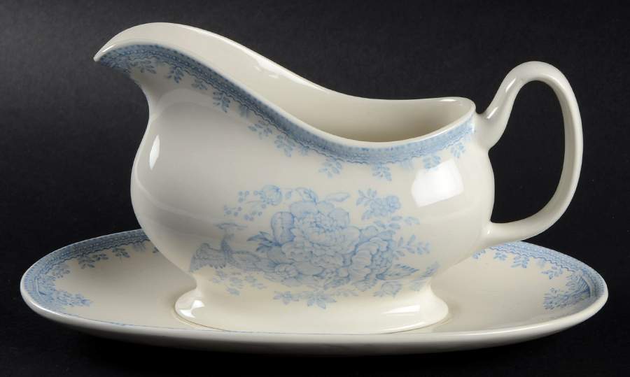Asiatic Pheasants Blue Gravy Boat & Underplate by Burgess & Leigh-1