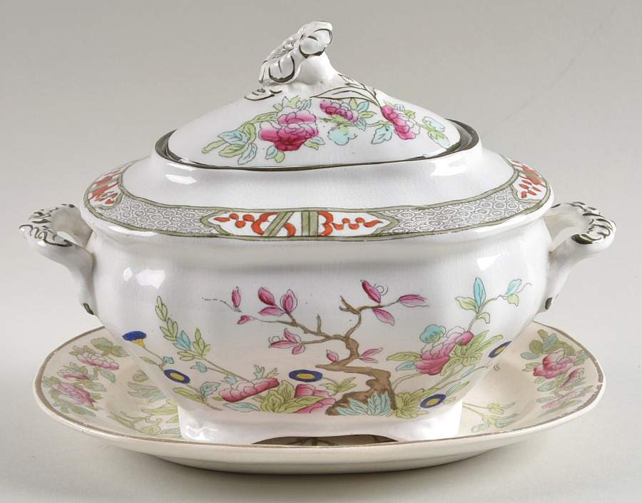 Indian Tree Sauce Boat & Lid with Underplate by Burgess & Leigh-1
