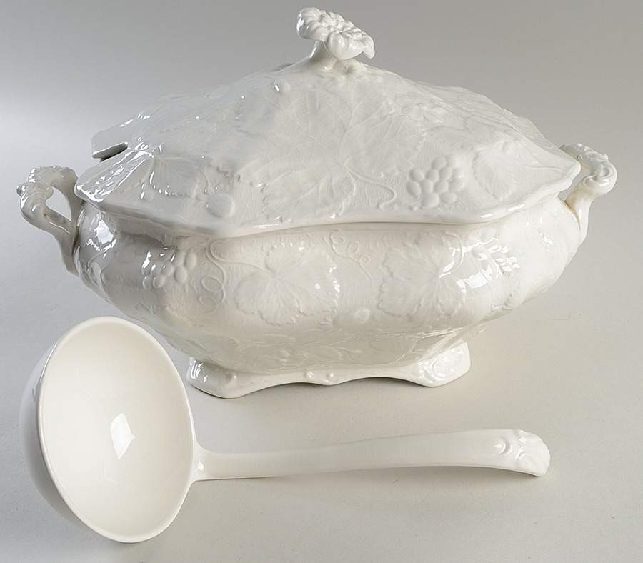 Strawberry and Grape Leaf White (Davenport) Tureen & Lid w/Ladle by Burgess & Leigh-1