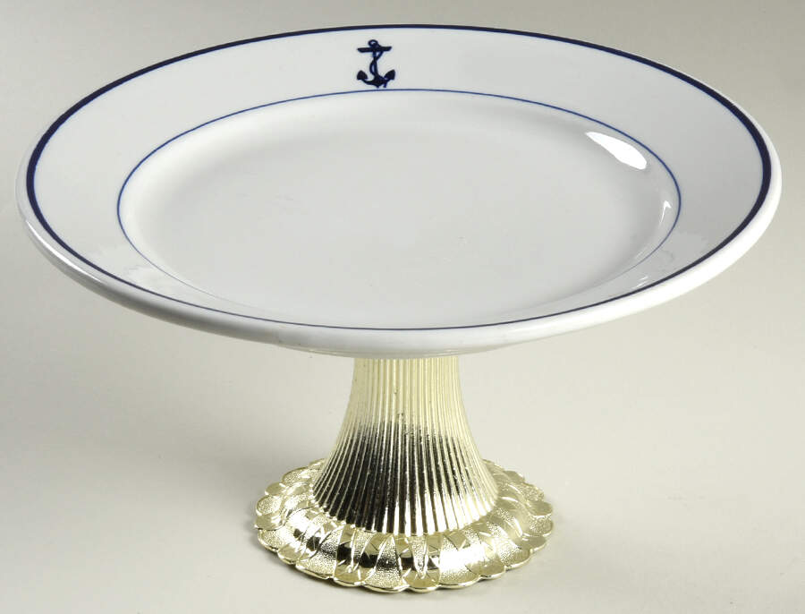 US Navy Mess Wardroom Officer Cake Stand with 4"-5" Metal Pedestal  Hc by Buffalo Pottery-1