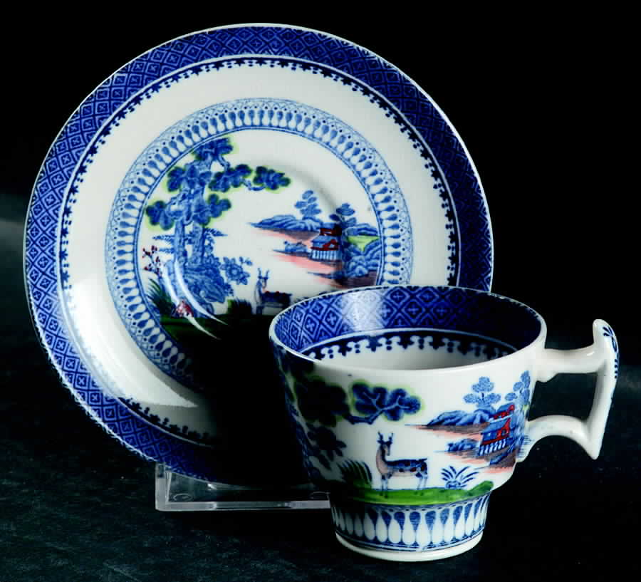 Lowestoft Deer Blue Multicolor Flat Demitasse Cup & Saucer Set by Booths-1