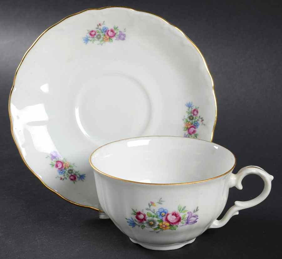 Bouquet (Small Floral, Scroll Edge) Flat Cup & Saucer Set by Bohemia Ceramic Works-1