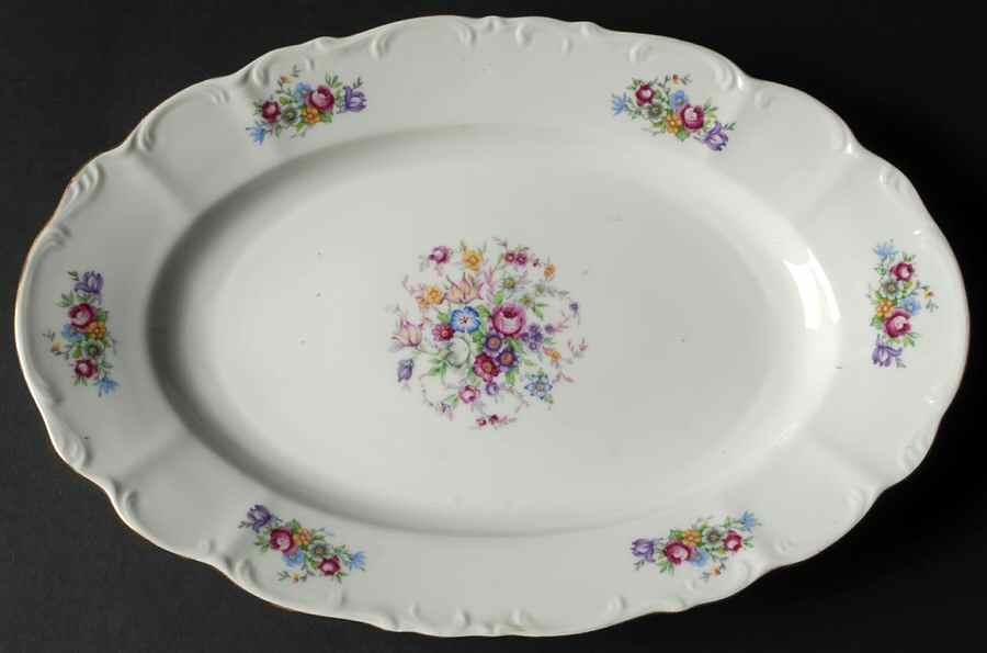 Bouquet (Small Floral, Scroll Edge) 14" Oval Serving Platter by Bohemia Ceramic Works-1