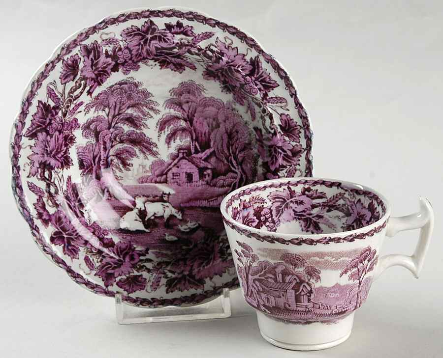 British Scenery Purple (No Embossed Edge) Footed Demitasse Cup & Saucer Set by Booths-1