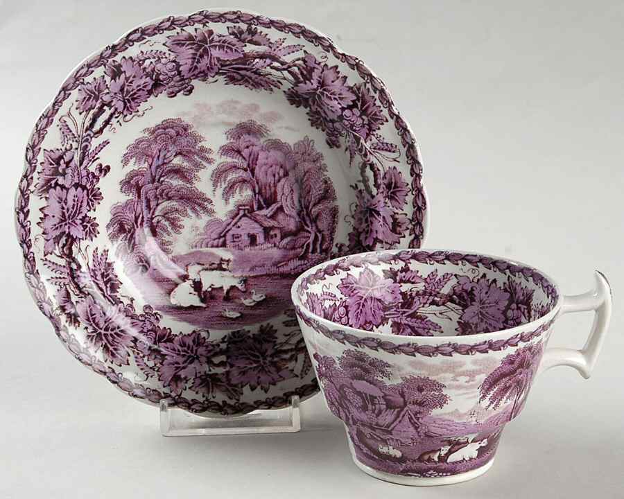 British Scenery Purple (No Embossed Edge) Footed Cup & Saucer Set by Booths-1