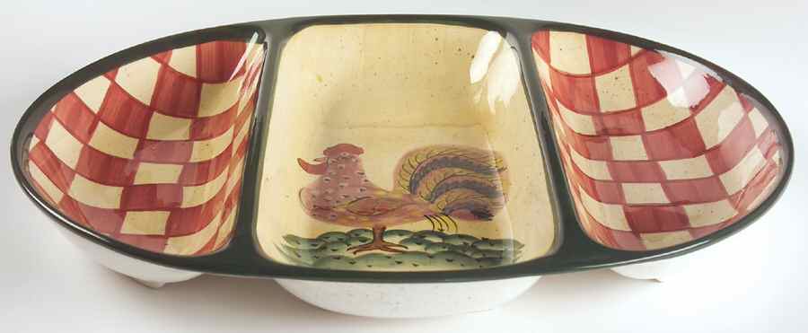 Red Check Rooster 3-Part Oval Divided Server by Baum Brothers-1