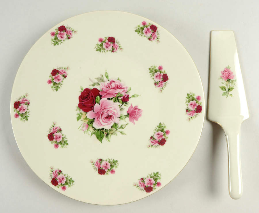 Victorian Rose Cake Plate & Solid Ceramic Server Set (No Box) by Baum Brothers-1