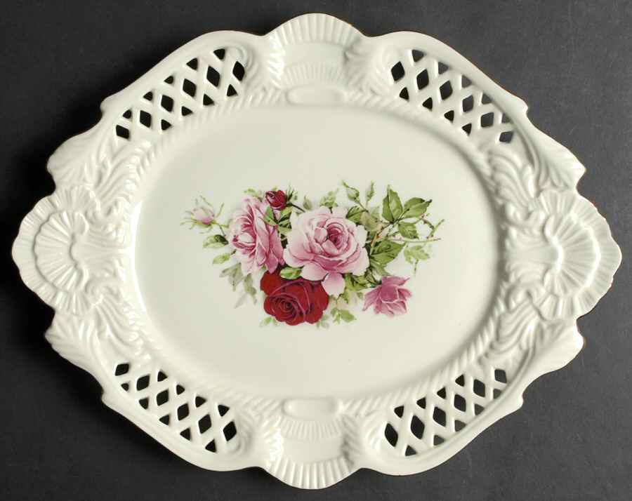 Victorian Rose 12" Pierced Oval Serving Platter by Baum Brothers-1