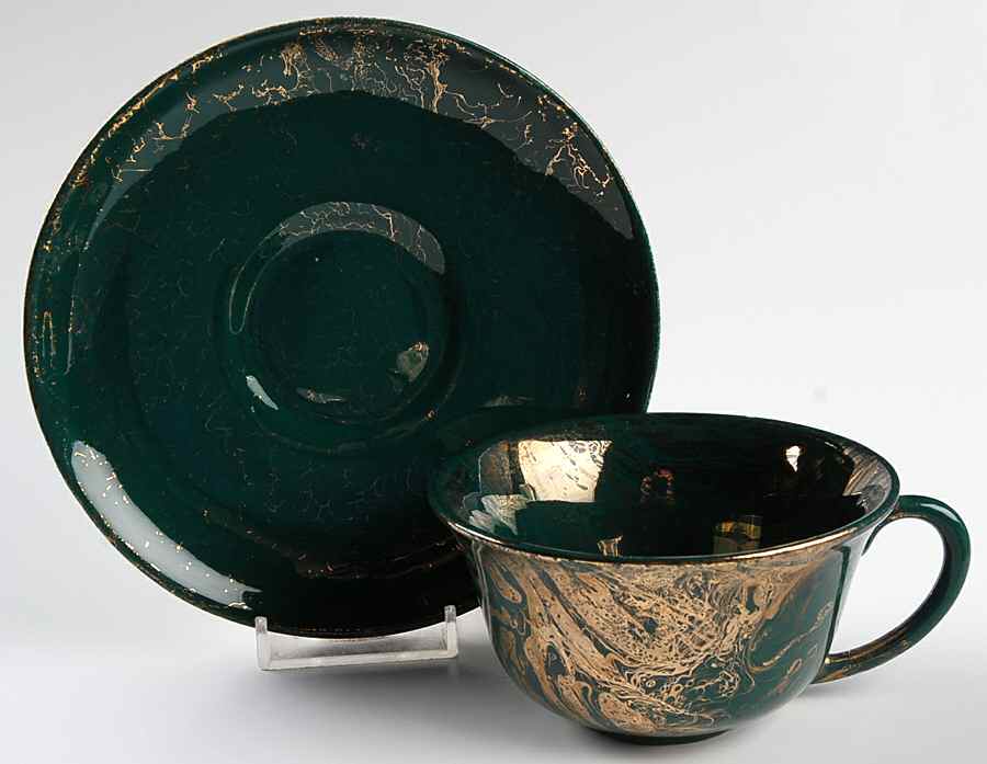 Surf Ballet (Dark Green & Gold) Flat Cup & Saucer Set by Sascha Brastoff-1