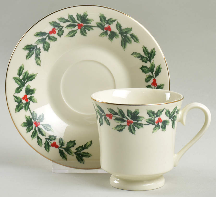 Holly (Gold Trim) Footed Cup & Saucer Set by Baum Brothers-1