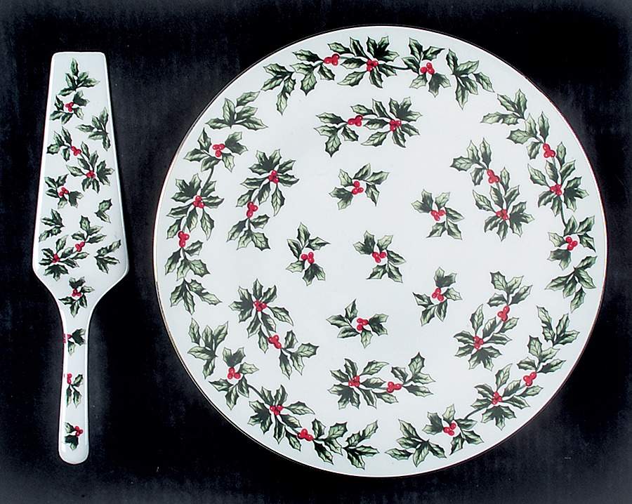 Holly (Gold Trim) Cake Plate & Server w/No Box by Baum Brothers-1