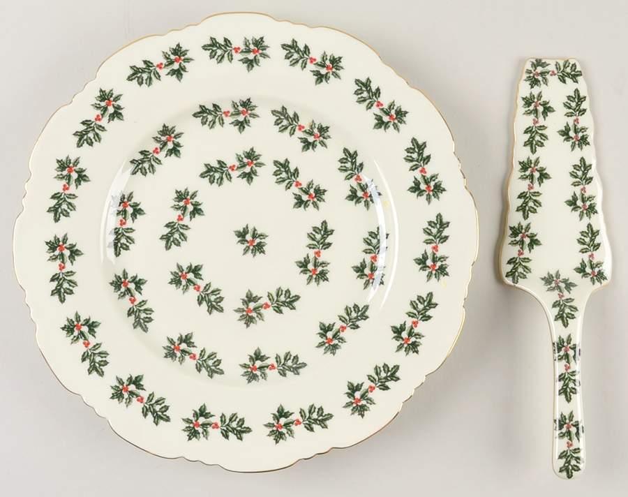 Holly (Gold Trim) Cake Plate & Server Set (Boxed) by Baum Brothers-1