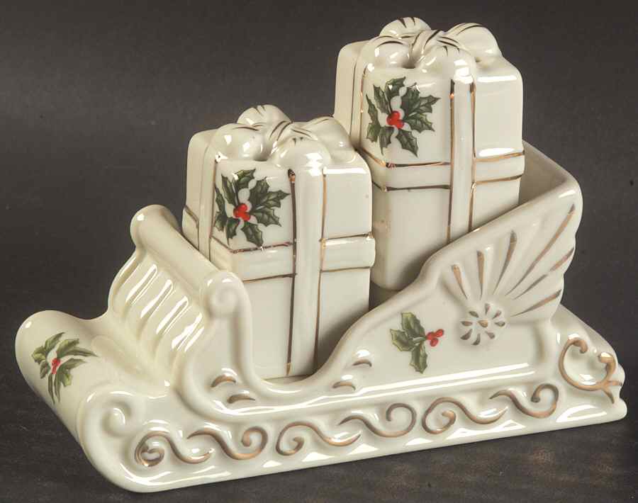 Holly (Gold Trim) Figural Salt and Pepper Tray Set by Baum Brothers-1