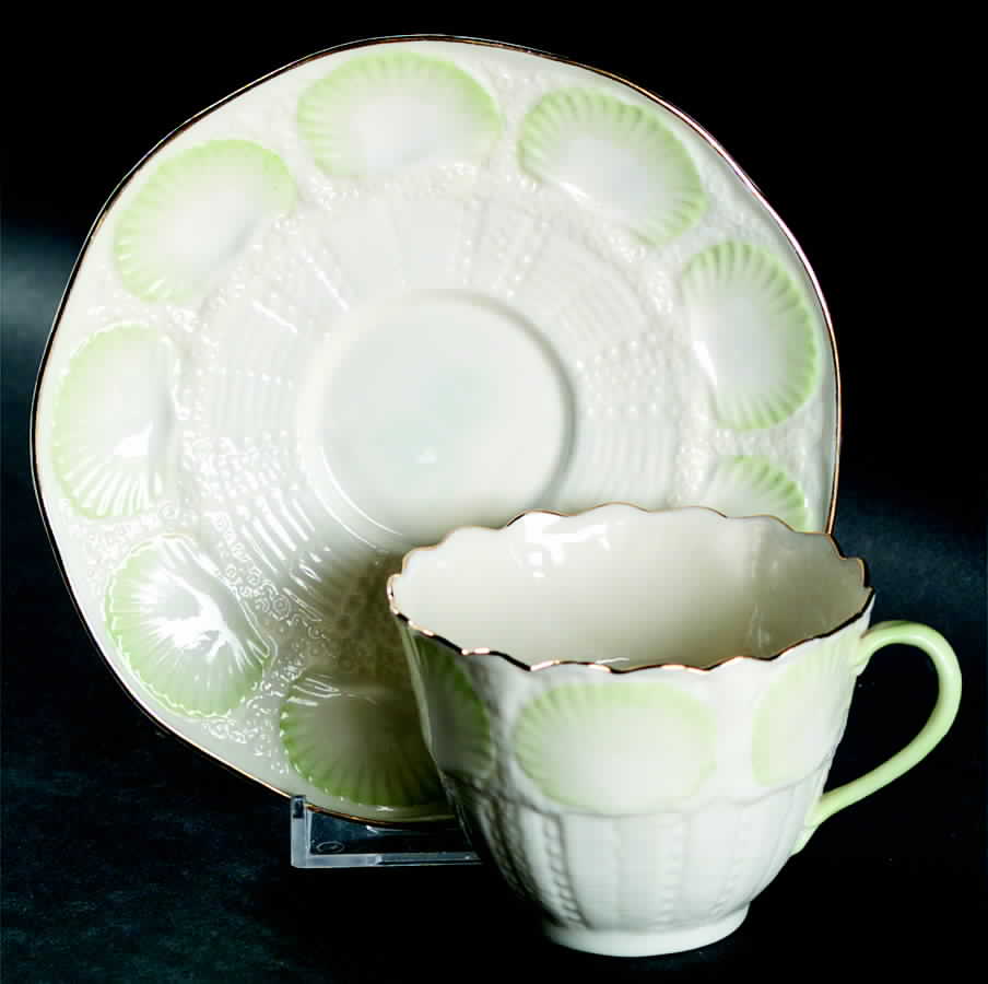 New Shell Green (Gold Trim) Flat Cup & Saucer Set by Belleek Pottery (Ireland)-1