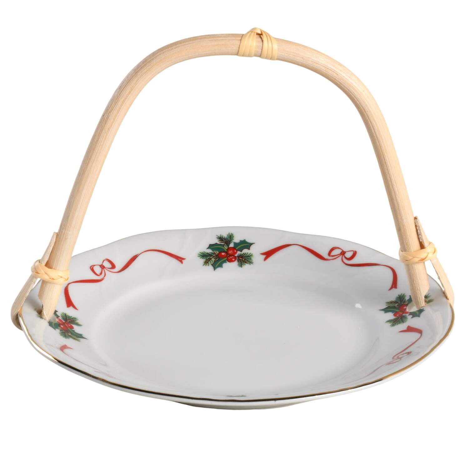 Basket of Cheer (Scalloped, Swirl Embossed) 5 3/8"-5 5/8" Bamboo Handled Serving Plate  HC by Baum Brothers-1