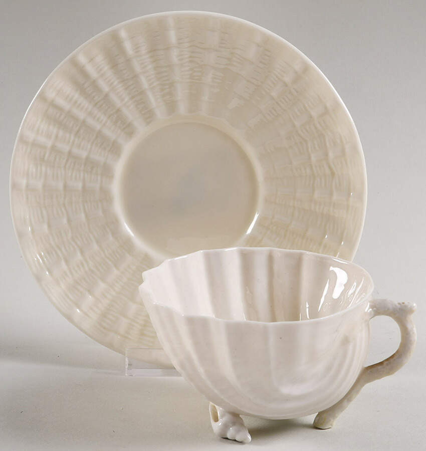 Neptune White Footed Cup & Saucer Set by Belleek Pottery (Ireland)-1