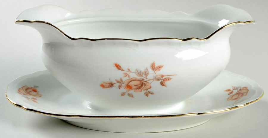 Alpin Rose (Roses Center, Embossed Ribs) Gravy Boat with Attached Underplate by Bohemia Ceramic Works-1