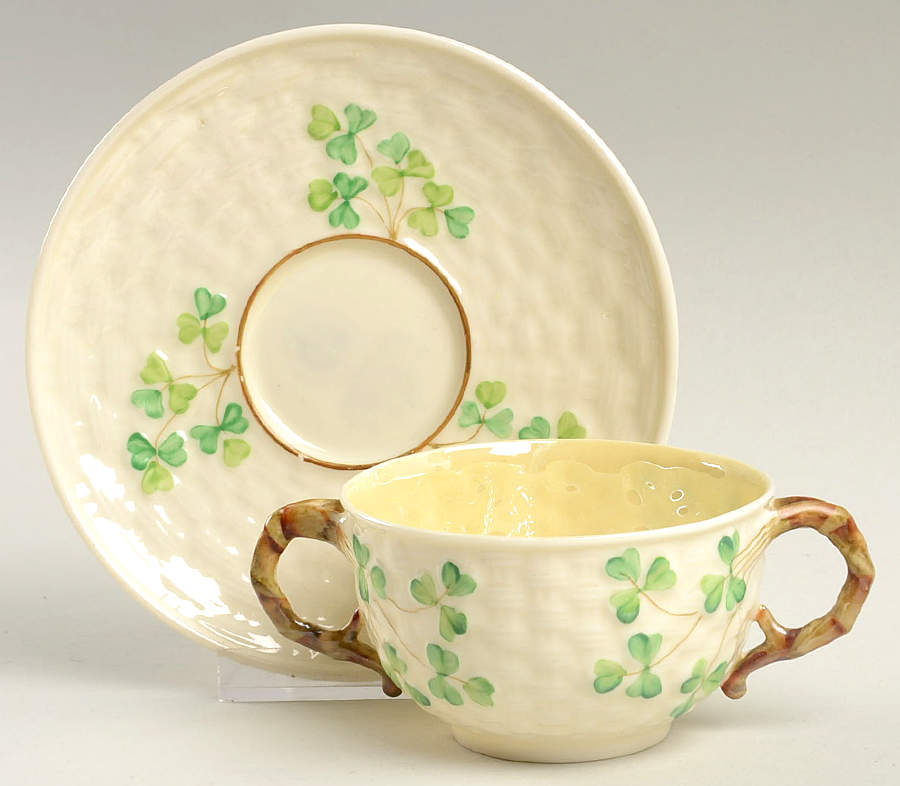 Shamrock (Older Black Backstamps) Flat Bouillon Cup & Saucer by Belleek Pottery (Ireland)-1
