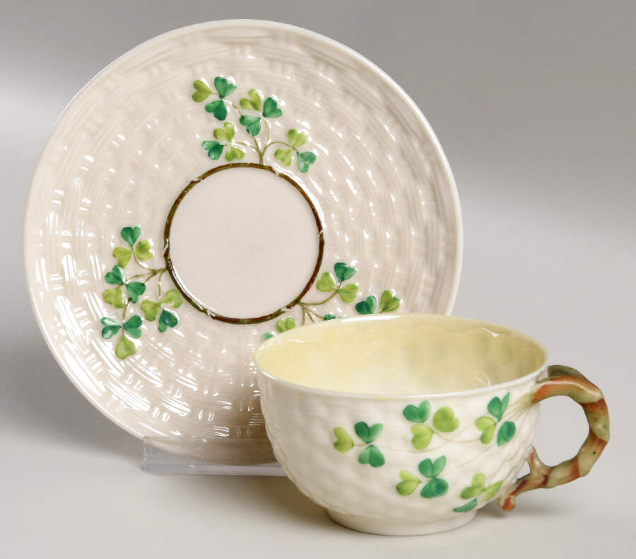 Shamrock (Older Black Backstamps) Flat Cup & Saucer Set by Belleek Pottery (Ireland)-1
