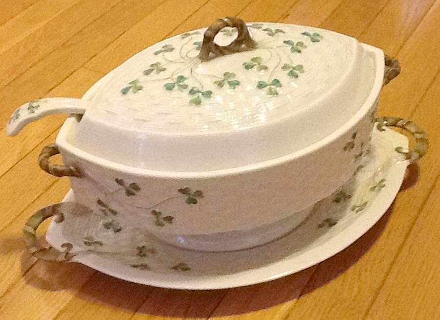 Shamrock (Older Black Backstamps) Tureen & Lid w/Ladle & Underplate by Belleek Pottery (Ireland)-1