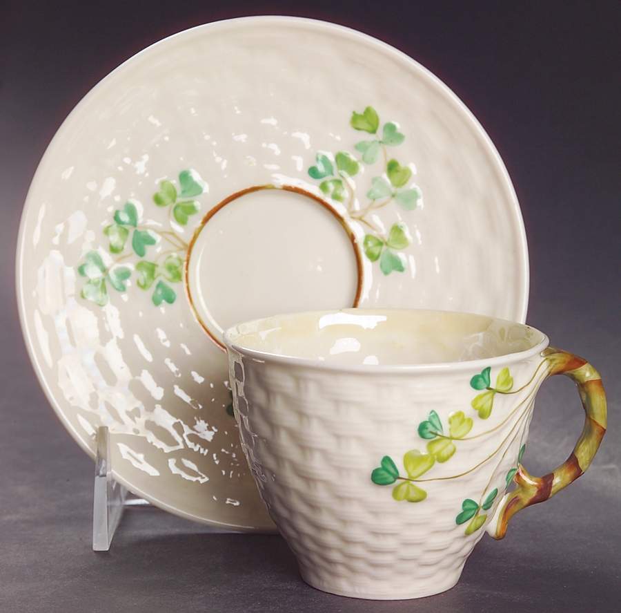 Shamrock (Older Black Backstamps) Flat Cup & Saucer Set by Belleek Pottery (Ireland)-1
