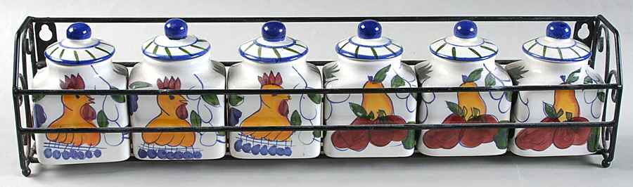 Rooster & Fruit Spice Jar Set with Metal Holder by Baum Brothers-1