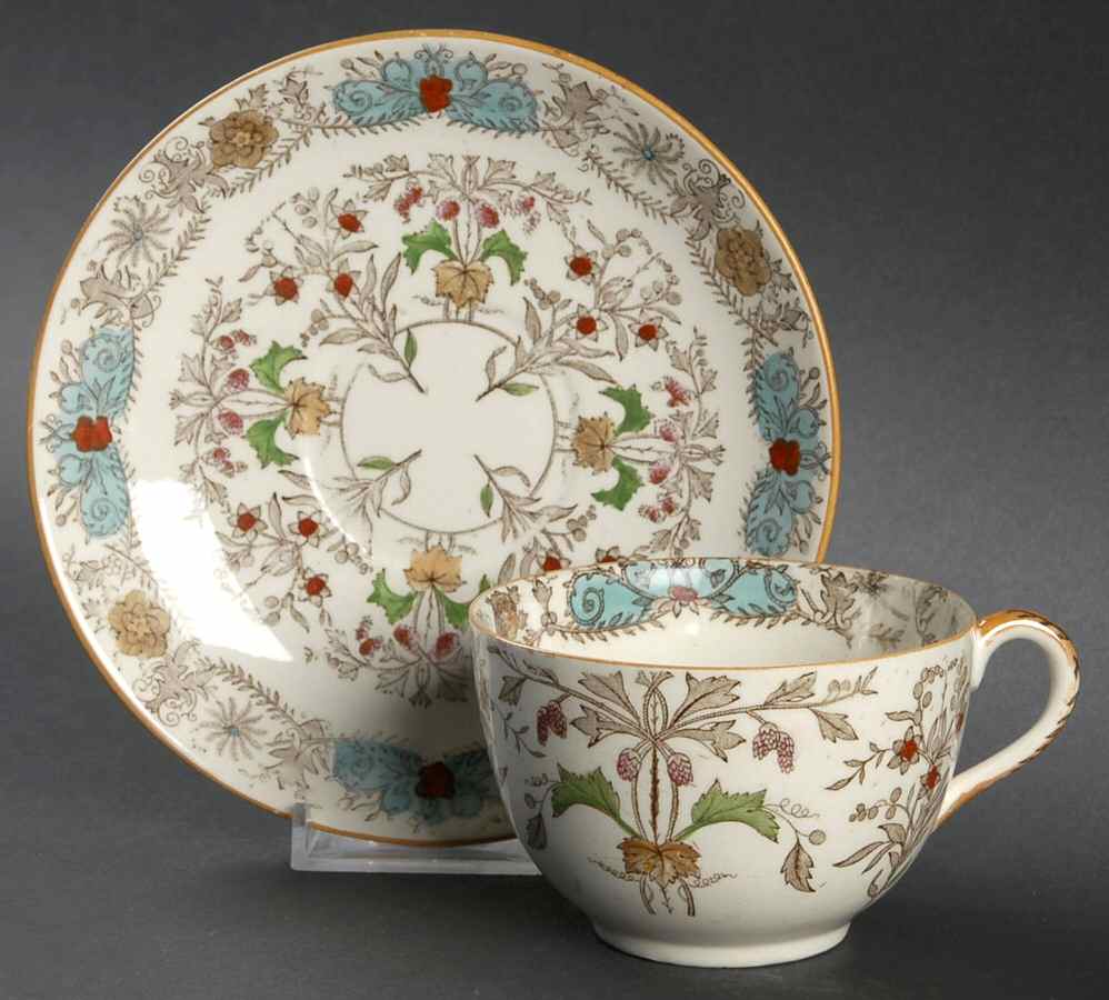 Lahore Brown (Tan Flowers) Flat Cup & Saucer Set by T & R Boote-1
