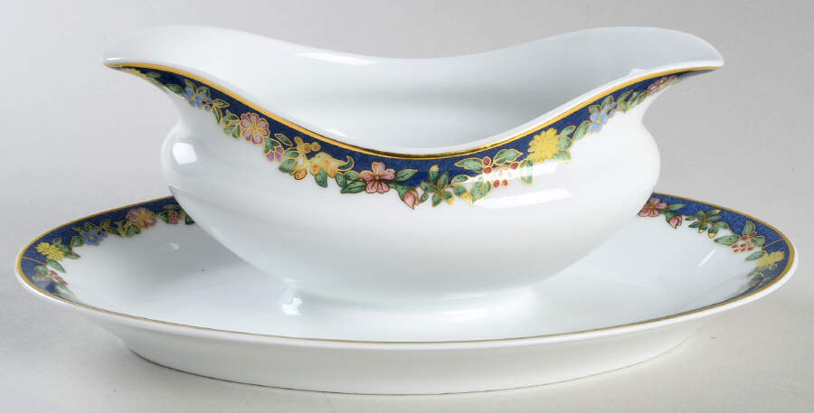 Fiorini (Gold Outlined Flowers) Gravy Boat with Attached Underplate by Bernardaud-1
