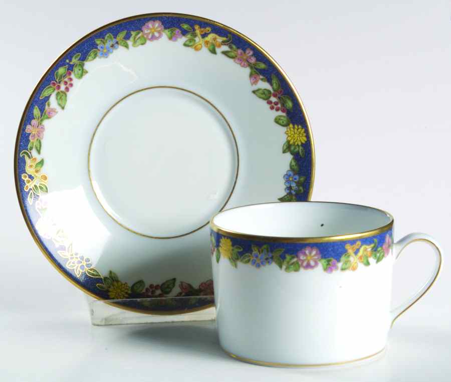 Fiorini (Gold Outlined Flowers) Flat Cup & Saucer Set by Bernardaud-1