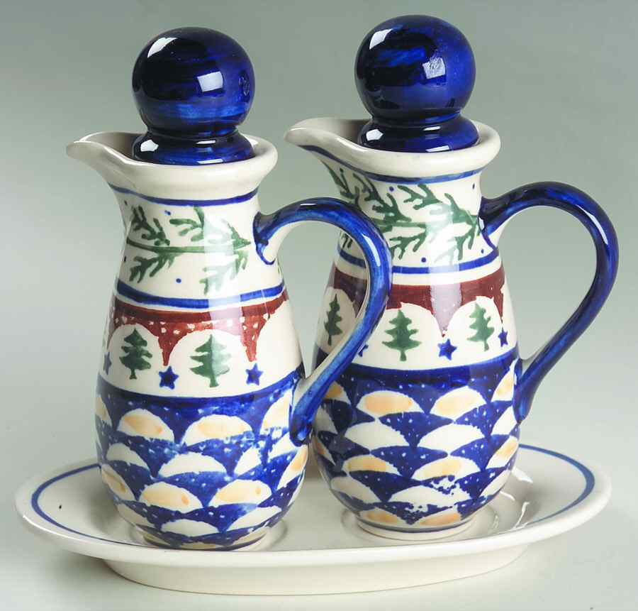 Evergreen 2 Oil/Vinegar Cruets with Stoppers on Tray by BOLESLAWIEC-1
