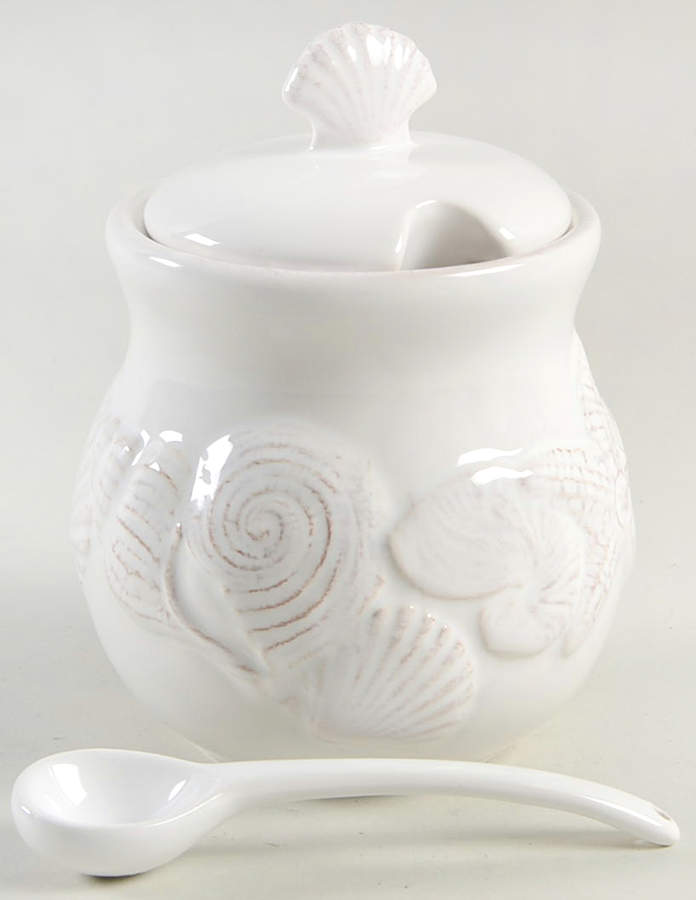 Seahorse and Seashell Menagerie White Sugar Bowl & Lid W/Spoon by Blue Sky-1