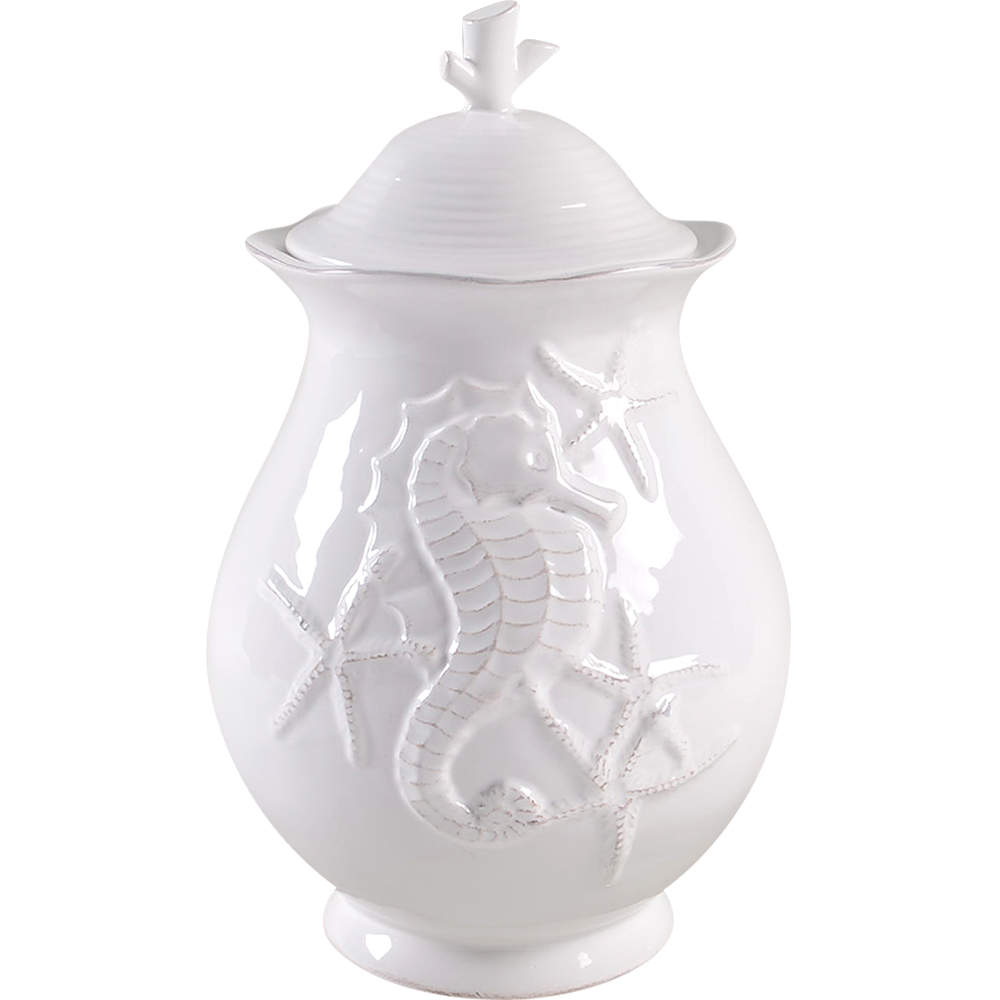 Seahorse and Seashell Menagerie White 7" Storage Jar & Lid by Blue Sky-1