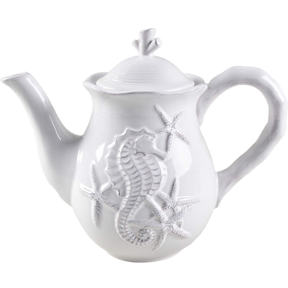 Seahorse and Seashell Menagerie White Teapot & Lid by Blue Sky-1