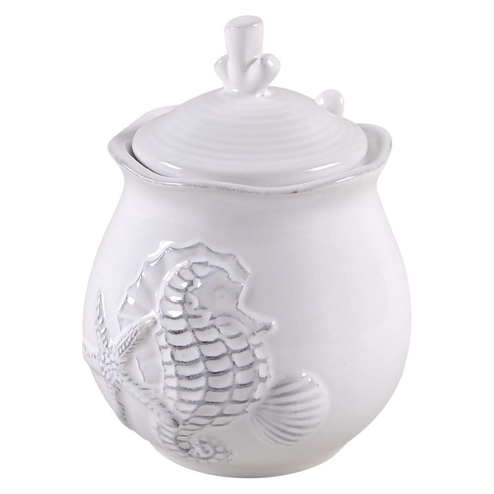 Seahorse and Seashell Menagerie White Sugar Bowl & Lid W/Spoon by Blue Sky-1
