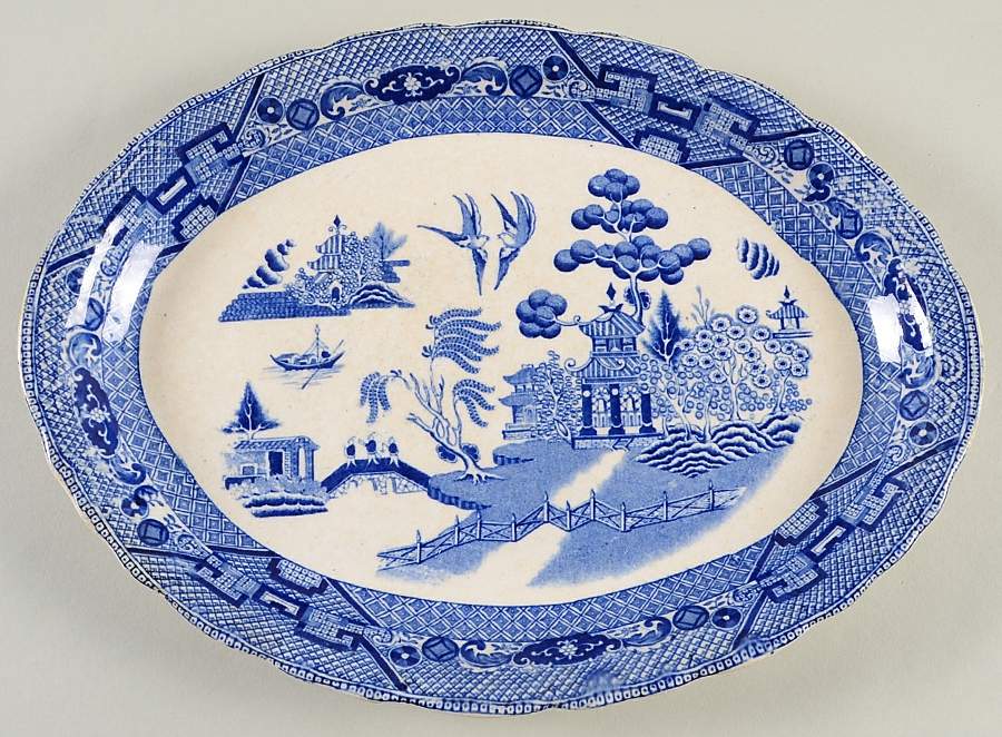 Old Willow Blue 12" Oval Serving Platter by Buffalo Pottery-1