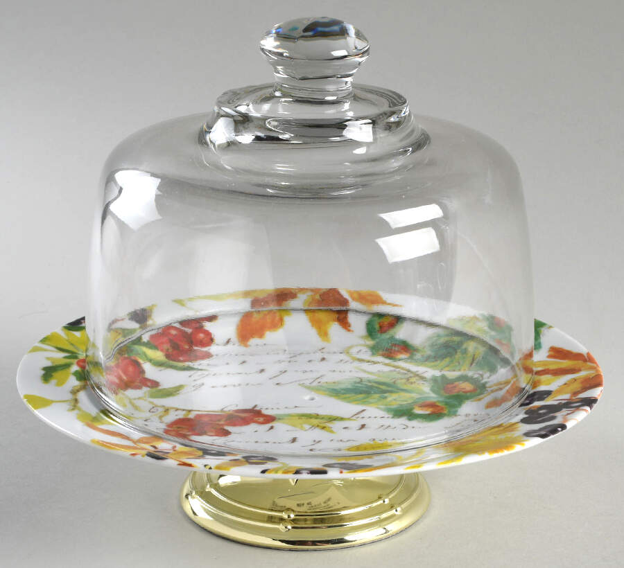 Harvest Berry 6 1/2"-7 1/2" Footed Cheese Plate w/ Glass Dome HC by Bernardaud-1
