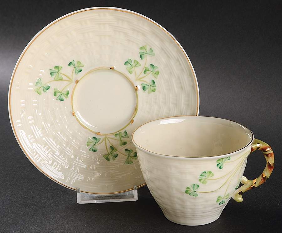 Shamrock (Gold Accent) Flat Cup & Saucer Set by Belleek Pottery (Ireland)-1