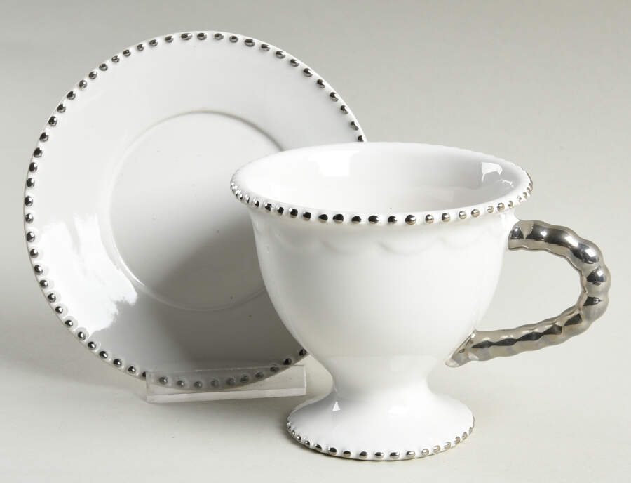 Antique Beads White Footed Cup & Saucer Set by Baum Brothers-1