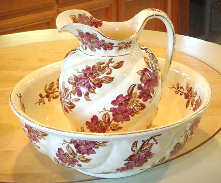 Sylvia Pink and Brown Large Pitcher & Bowl Set by Brown, Westhead & Moore-1