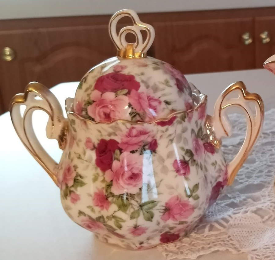 Victorian Rose Chintz Sugar Bowl & Lid by Baum Brothers-1
