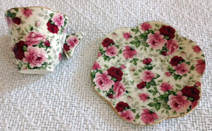 Victorian Rose Chintz Footed Demitasse Cup & Saucer Set by Baum Brothers-1