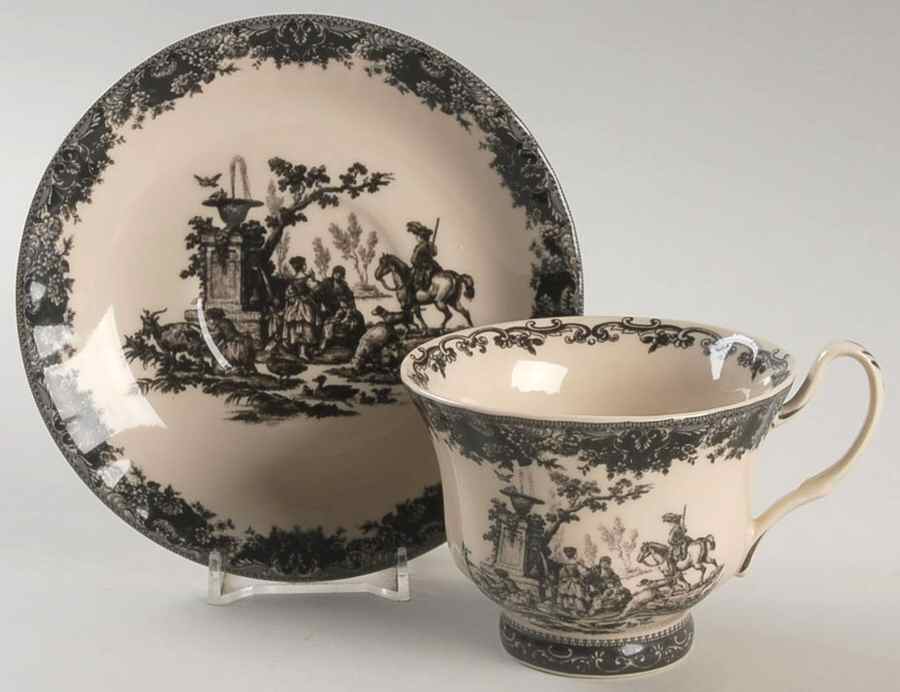 Black Toile Footed Cup & Saucer Set by Burton & Burton-1