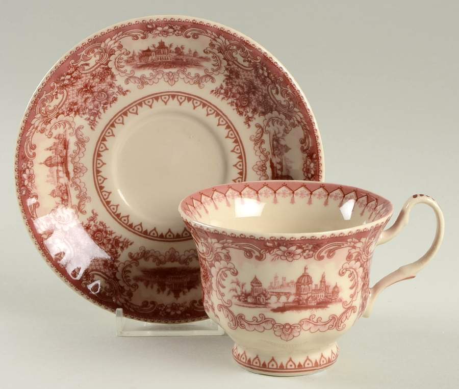 Red Toile Footed Cup & Saucer Set by Burton & Burton-1