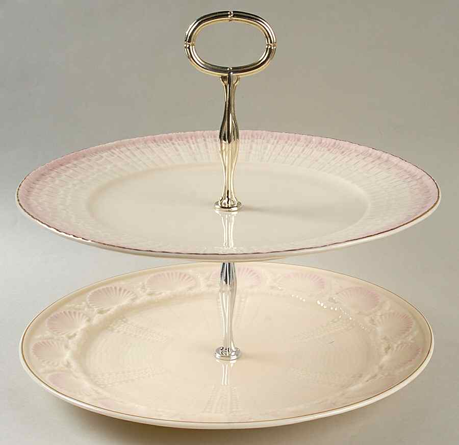 New Shell Pink (Gold Trim) Round Serving Plate with Handle (DP) by Belleek Pottery (Ireland)-1