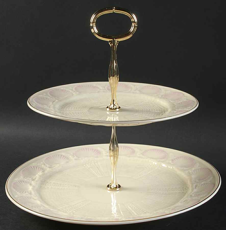 New Shell Pink (Gold Trim) 2 Tiered Serving Tray (Dinner & Salad Plate) by Belleek Pottery (Ireland)-1