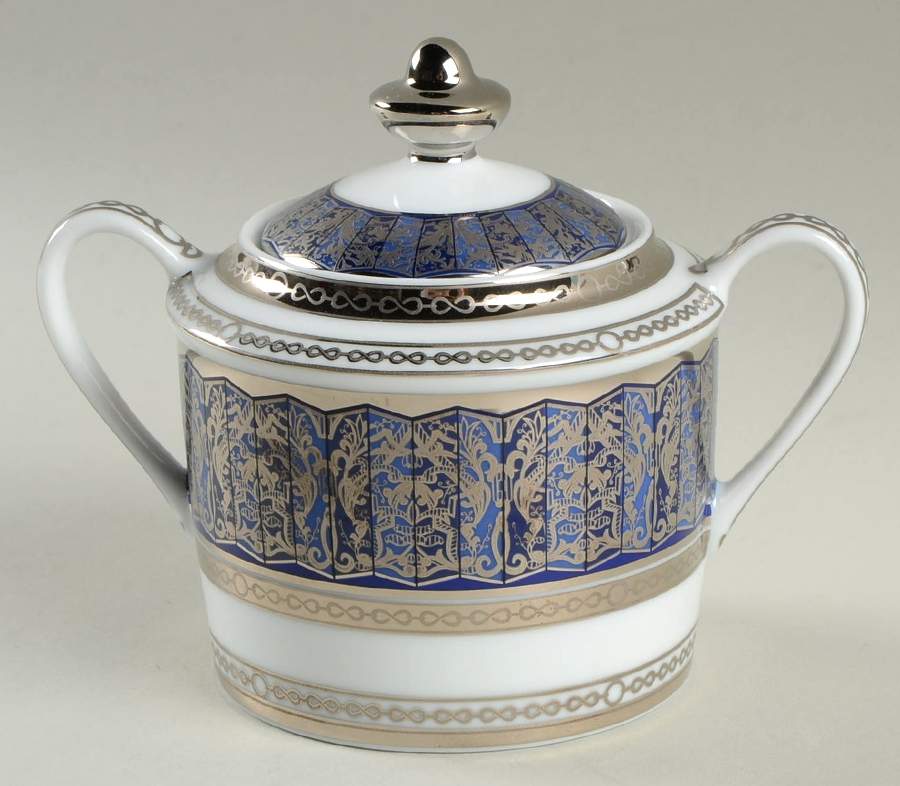 Eventail Blue Sugar Bowl & Lid by Bernardaud-1